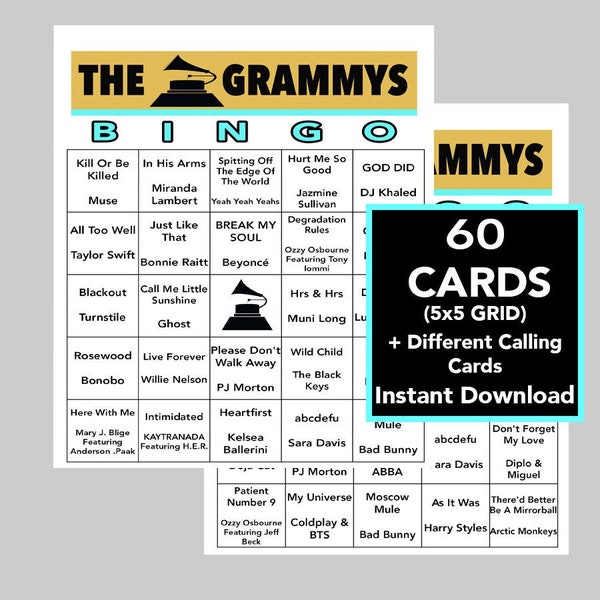 GRAMMY 2023, GRAMMY Music, GRAMMY Party, Digital Download, Bingo Games, Printable Games, 60 Unique Bingo cards, Spotify Playlist Included
