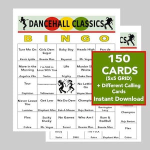 Clásicos del dancehall, música reggae, bingo musical, Jamaica, actividad grupal, descarga digital instantánea, 150 tarjetas únicas, lista de reproducción de Spotify
