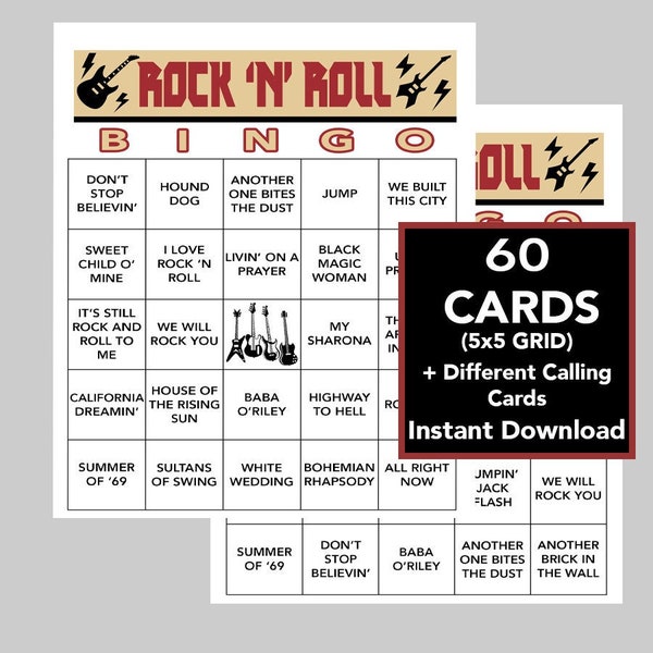 Rock 'n' Roll, Rock 'n' Roll Bingo, Music Games, Rock 'n' Roll Party, Instant Digital Download, 60 Bingo cards, Spotify Playlist Included