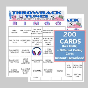 Música dos anos 70, 80, 90, 2000, 2010, Aniversário musical, Bingo musical, Download digital instantâneo, 200 cartelas de bingo diferentes, Lista de reprodução do Spotify