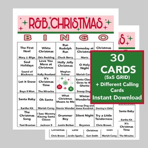 R&B Music Hits, Rhythm and Blues Christmas Party, Download digital, Jogos de bingo, 30 cartelas de bingo, Lista de reprodução do Spotify incluída