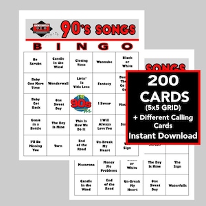 Éxitos musicales de los 90, descarga instantánea digital del juego de bingo de los 90, juegos de bingo, 200 tarjetas de bingo diferentes, lista de reproducción de Spotify y lista de llamadas incluidas