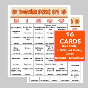 May include: A printable bingo card with a retro 70s theme. The card features a 5x5 grid with squares containing song titles and artist names. The card is titled "Music Fest #1" and includes the text "16 Cards (5x5 Grid) + Different Calling Cards Instant Download".