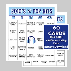 Principales éxitos musicales de 2010, fiesta musical de 2010, bingo musical, descarga digital instantánea, lista de reproducción de Spotify incluida, 60 cartones de bingo únicos