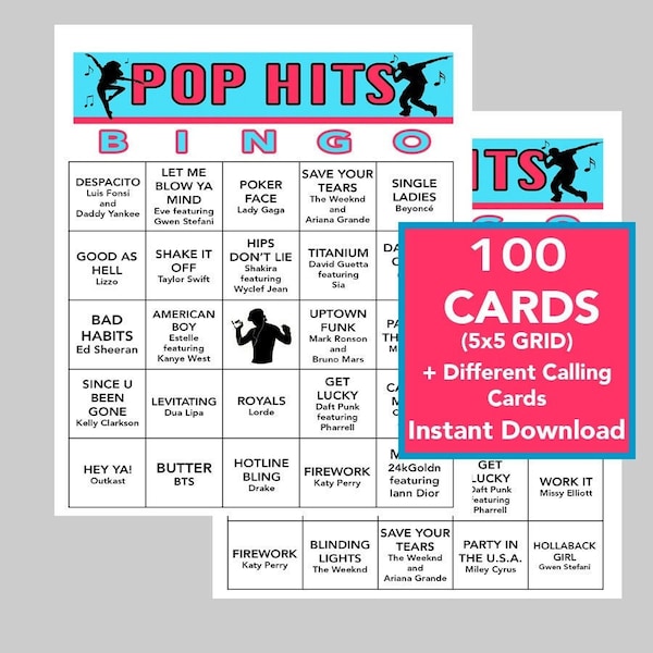 POP Music Hits, POP Music Party, Digital Download, Bingo Games, Printable Games, Virtual Games, 100 Different Bingo cards, Spotify Playlist