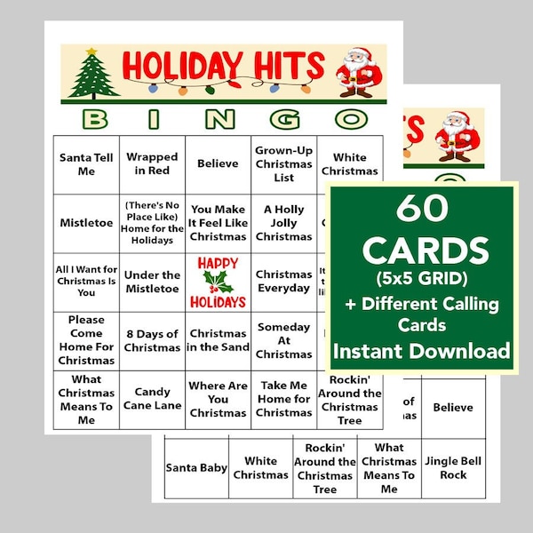 HOLIDAY Music, Holiday Party, Holiday Music Bingo, Digital Download, Bingo Games, Printable Games,  60 Different Bingo cards