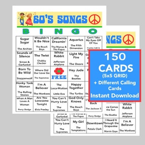 Pu&ograve; includere: Una scheda di bingo stampabile con un simbolo di pace nell'angolo. La scheda &egrave; intitolata "60's Songs Bingo" e presenta una griglia 5x5 di canzoni popolari degli anni '60. La scheda include canzoni come "Sugar Sugar", "California Dreamin'" e "Hey Jude". La scheda fa parte di un set di 150 schede con diverse schede di chiamata. Il testo "150 Cards (5x5 Grid) + Different Calling Cards Instant Download" &egrave; visualizzato in rosso.