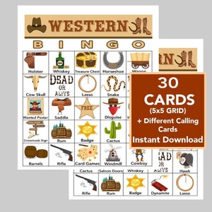 Wilder Westen, Western, 5x5 Bingo druckbare PDFs, digitaler Download, Anrufliste enthalten, 30 einzigartige Karten