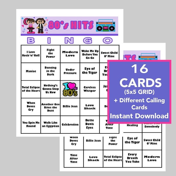 80's Music Hits, 80's Party, Digital Download, Bingo Games, Printable Games, Virtual Games, 16 Bingo cards