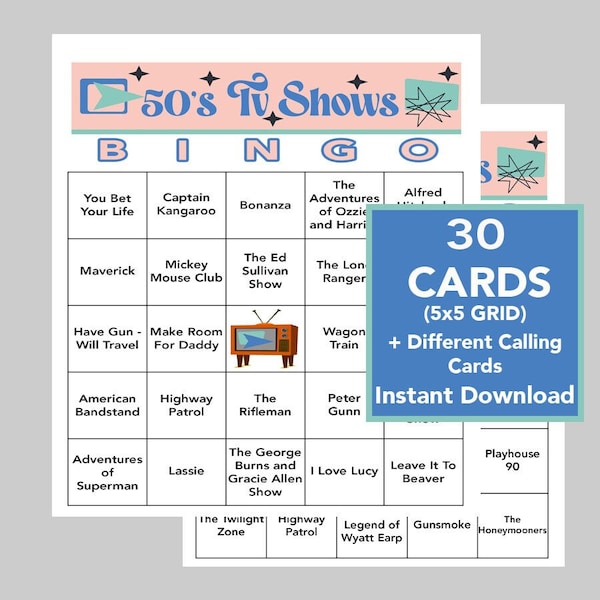 50's TV Shows, 50's Games, 50's Bingo Music, Instant Digital Download, Bingo Games, Printable Games, 30 Bingo cards, Spotify Link