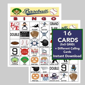 Baseball Bingo Game, Sports Bingo, Party Bingo, Baseball Games, Fun Games for Kids, Instant Download, 16 Different Cards