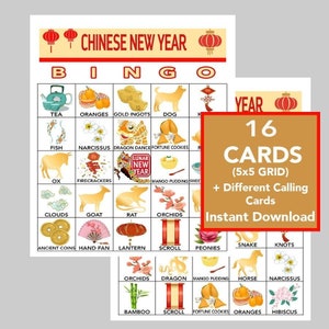 Capodanno cinese, Bingo del Capodanno cinese, Gioco del Capodanno lunare, Festa dei giochi cinesi, Download digitale istantaneo, 16 carte diverse