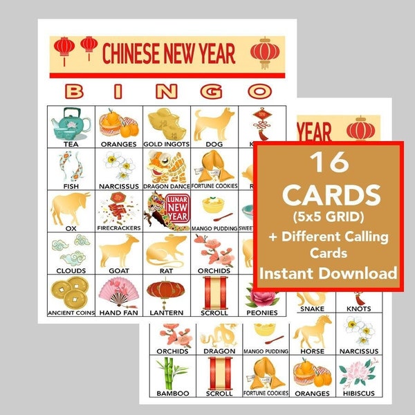 Chinese New Year, 2023 Chinese New Year Bingo, Lunar New Year Game, Chinese Games Party, Instant Digital Download, 16 Different cards