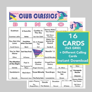 Club Classics, 90&#39;s Club Music, Dance Music Bingo, Instant Digital Download, Spotify Playlist Included, 16 Unique Bingo cards