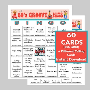 60's muziekhits, 60's feest, 60's verjaardag, instant digitale download, bingospellen, Spotify-afspeellijst inbegrepen, 60 verschillende bingokaarten