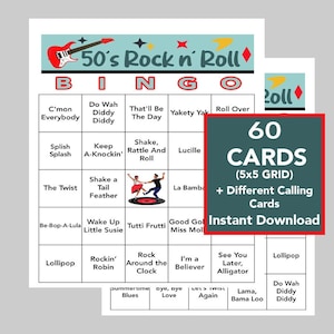 Rock 'n' Roll de los 50, Bingo de Rock 'n' Roll de los 50, Juegos musicales, Fiesta de Rock 'n' Roll, Descarga digital, 60 cartones de Bingo, Lista de reproducción de Spotify incluida