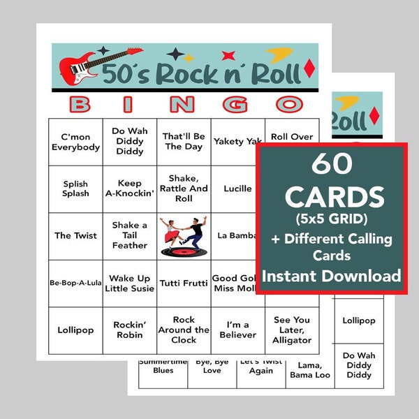 50's Rock 'n' Roll, 50's Rock 'n' Roll Bingo, Music Games, Rock 'n' Roll Party, Digital Download, 60 Bingo cards, Spotify Playlist Included