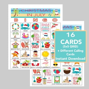 Jogo de Natal em Julho, Bingo de Natal em Julho, Jogo de Festa, Para Adultos e Crianças, Jogos para Imprimir, Download Instantâneo, 16 Cartas Diferentes