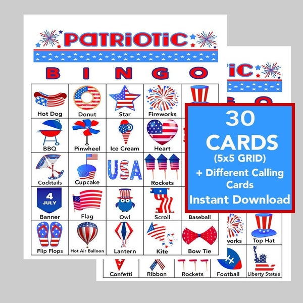 Patriotic Bingo Cards: Printable bingo, 30 cards, 4th of July party idea, Memorial Day, red white blue, senior citizen activity, kids game