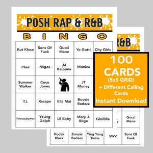 Musique rap, musique RnB, bingo rap et RnB, jeux de musique, musique rap et RnB, téléchargement numérique, 100 cartes de bingo uniques, liste de lecture Spotify incluse
