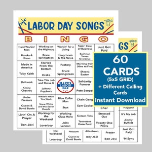 Labor Day Game, Labor Day Songs Bingo Game, Labor Day Printable Game, Adult Kids Game, Instant Download, 60 Unique Bingo Cards