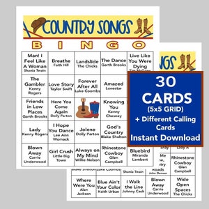 Country Music Hits, Country Music Party, Digital Download, Bingo Games, Printable Games,  30 Different Bingo cards, Spotify Playlist