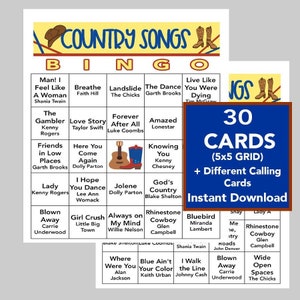Sucessos da música country, festa de música country, download digital, jogos de bingo, jogos para impressão, 30 cartões de bingo diferentes, lista de reprodução do Spotify