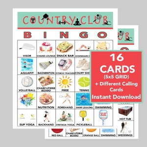 Country Club, Bingo esportivo, Clube de tênis, Pickleball, Clubes de verão, Spa, Clube feminino, Noite feminina, Download instantâneo, 16 cartões diferentes