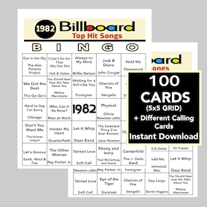 Op de afbeelding: Een printbare bingokaart met een 1982 Billboard Top Hit Songs-thema. De kaart heeft een 5x5-raster met songtitels uit 1982, waaronder "Eye in the Sky", "Let's Groove", "Chariots of Fire", "Physical" en "Tainted Love".