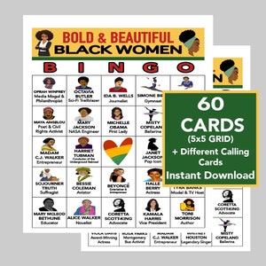 Bingo Black History Month, Bingo Women's Month, Afro-Amerikaanse vrouwen, Instant Digitale Download, Betekenisblad, 60 verschillende kaarten