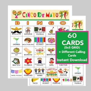 Cinco de Mayo, Cinco de Mayo Bingo Cards,  5x5 Bingo Cards,  Instant Download,  PDFs for Easy Printing,  Calling Cards, 60 Different Cards