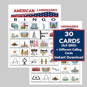 Viaggi americani, gioco del bingo dei punti di riferimento americani, bingo per feste negli USA, giochi negli USA, giochi divertenti per bambini, download immediato, 30 carte diverse
