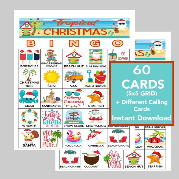 Tropical Christmas, Christmas Down South, Christmas Bingo, Holiday Party Game, Instant Digital Download, 60 Different Cards