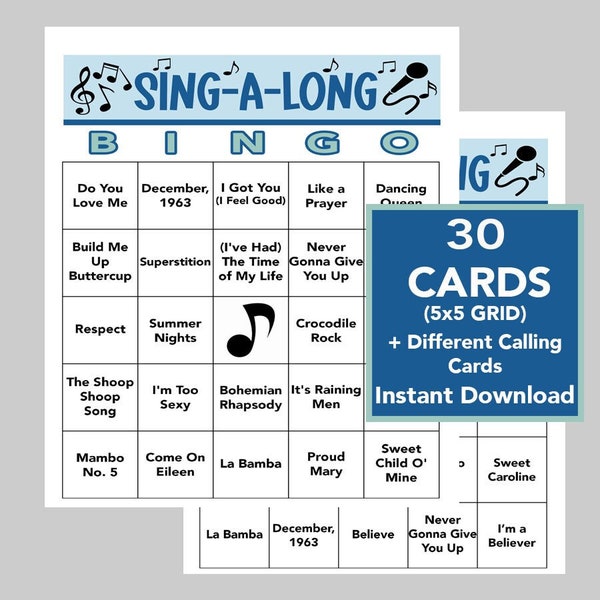 Music Bingo, Sing-a-long Music Games, 70's, 80's, and 90's Party, Instant Digital Download, 30 Bingo cards, Spotify Playlist Included