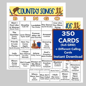 Hits de musique country, soirée musique country, téléchargement numérique, jeux de bingo, jeux à imprimer, 350 cartes de bingo différentes, liste de lecture Spotify