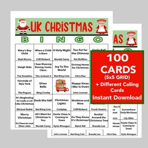 HOLIDAY Music, UK Holiday Party, Holiday Music Bingo, Digitaler Download, Bingo-Spiele, druckbare Spiele, 100 verschiedene Bingo-Karten