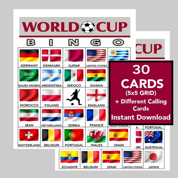 World Cup Football Bingo, World Cup Soccer Bingo, Football World Cup 2022, World Cup Bingo, Soccer Party, Instant Download, 30 Cards