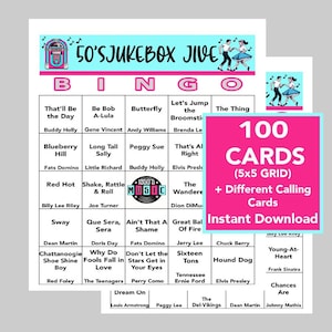 May include: A pink and white bingo card with a 5x5 grid. The card features a jukebox and the text "50's Jukebox Jive Bingo". The card has a variety of 1950s music-themed squares, including "Blueberry Hill", "That's All Right", "Hound Dog", and "Dream On".