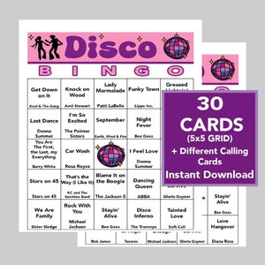 DISCO, DISCO Music Hits, DISCO Party, Dance Bingo, Descarga Digital Instantánea, Juegos de Bingo, Juegos Imprimibles, 16 Tarjetas de Bingo Diferentes