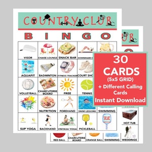 Country Club, Bingo esportivo, Clube de tênis, Pickleball, Clubes de verão, Spa, Clube feminino, Noite feminina, Download instantâneo, 30 cartões diferentes
