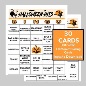 Éxitos de Halloween, Música de Halloween, Cartones de bingo de Halloween, Descarga digital, Juegos de bingo, 30 cartones únicos, Lista de reproducción de Spotify incluida