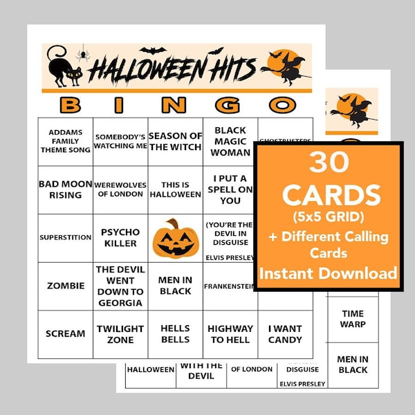 Halloween Hits, Halloween Music, Halloween Bingo cards, Digital Download, Bingo Games, 30 Unique cards, Spotify Playlist Included