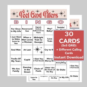 Bingo musical, juegos musicales Feel Good, fiesta de los años 60, 70 y 80, descarga digital instantánea, 30 cartones de bingo, lista de reproducción de Spotify incluida