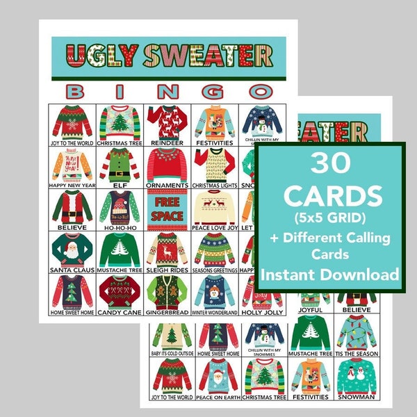 Ugly Sweater, Ugly Sweater Bingo, Christmas Bingo, Holiday Party Game, Office Ugly Sweater Party, Digital Download, 30 Different Cards