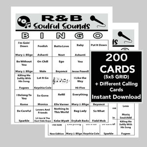 R&B-muziekhits, ritme en blues, soulvolle geluiden, afdrukbare digitale download, bingogames, 200 unieke bingokaarten, inclusief Spotify-afspeellijst