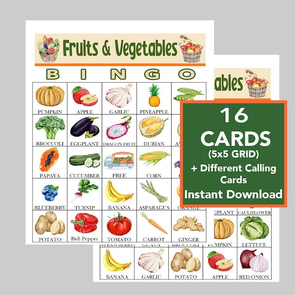 Fruit and Vegetables Bingo, Healthy Eating,  Game for kids, Exotic Fruit, Beautiful Secret Garden, PRINTABLE 16 unique cards