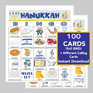 HANUKKA, fête de HANUKKAH, bingo de HANUKKAH, téléchargement numérique, jeux de bingo, jeux à imprimer, 100 cartes de bingo différentes, liste d'appels incluse