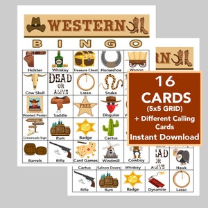 Wild West, Western,  5x5 Bingo printable PDFs, digital download, Call List Included, 16 Unique Cards