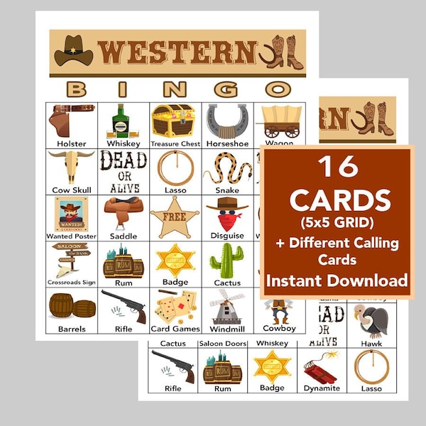 Wild West, Western,  5x5 Bingo printable PDFs, digital download, Call List Included, 16 Unique Cards