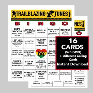 Bingo du mois de l'histoire des Noirs, chansons pour les pionniers, activité sur l'histoire des Noirs, activité de groupe, téléchargement immédiat, 16 cartes différentes, lien Spotify